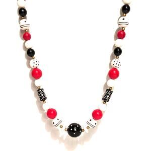 Vintage Costume Jewelry Red Black White Carved Beaded Necklace Geometric Design